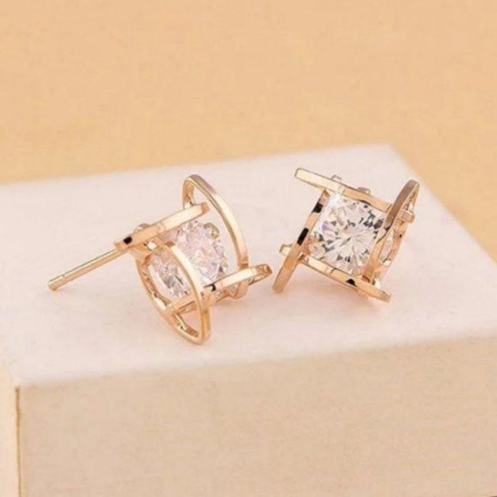 NEW Gold 3D Caged Diamond Stud Earrings - Picture 2 of 6